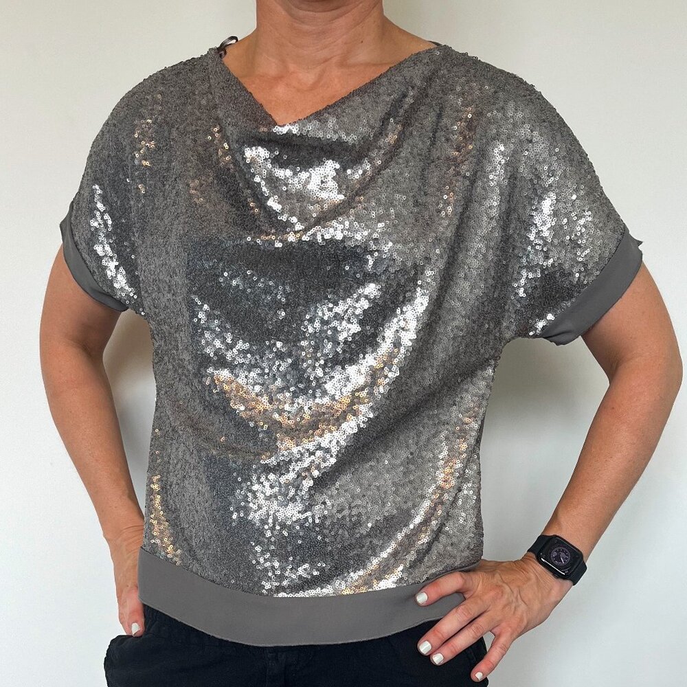 Halston Sequin Front Drape Blouse – Size XS | Olive Green & Silver Sparkle